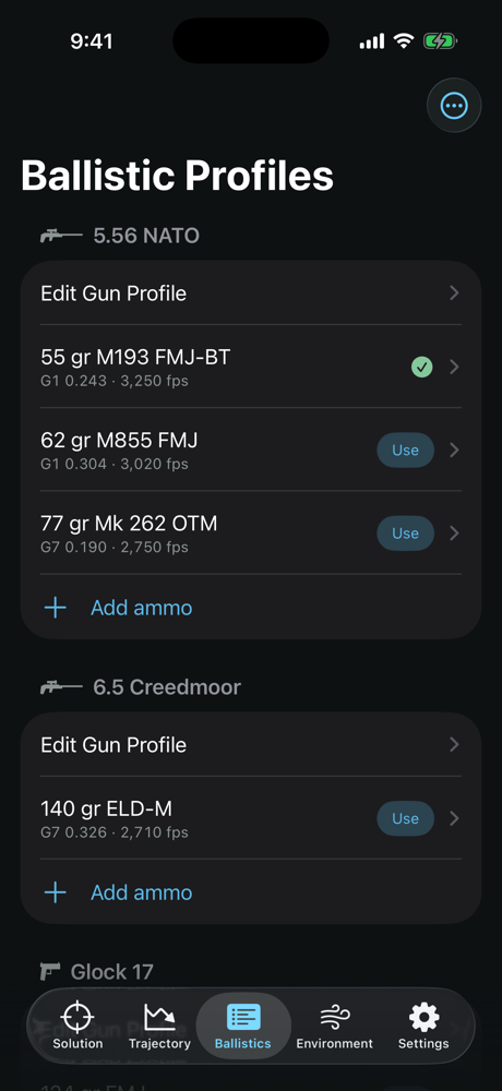 Ballistic profiles screen: guns and loads with bore-line icons