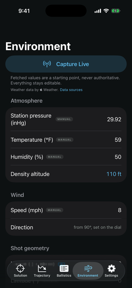 Environment screen: capture live weather with provenance badges