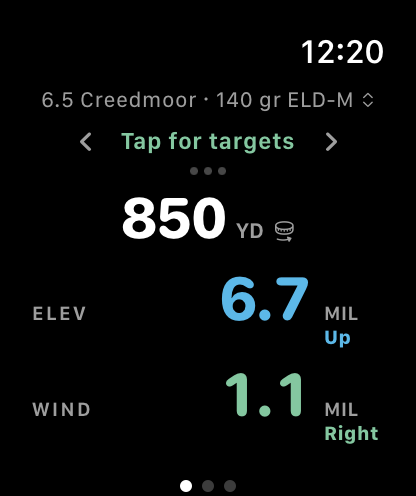 AimCalc on Apple Watch: the same 850 yard solution, 6.7 MIL up and 1.1 MIL right, with the Digital Crown dialing range