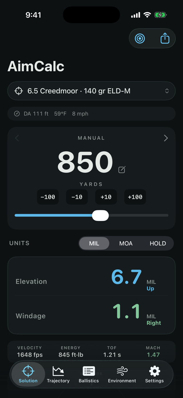 AimCalc solution screen: 6.5 Creedmoor at 850 yards, 6.7 MIL up, 1.1 MIL right, with velocity, energy, time of flight, and Mach at the target