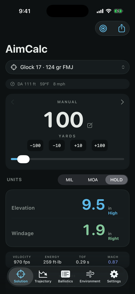 Solution screen in holdover mode showing elevation in feet