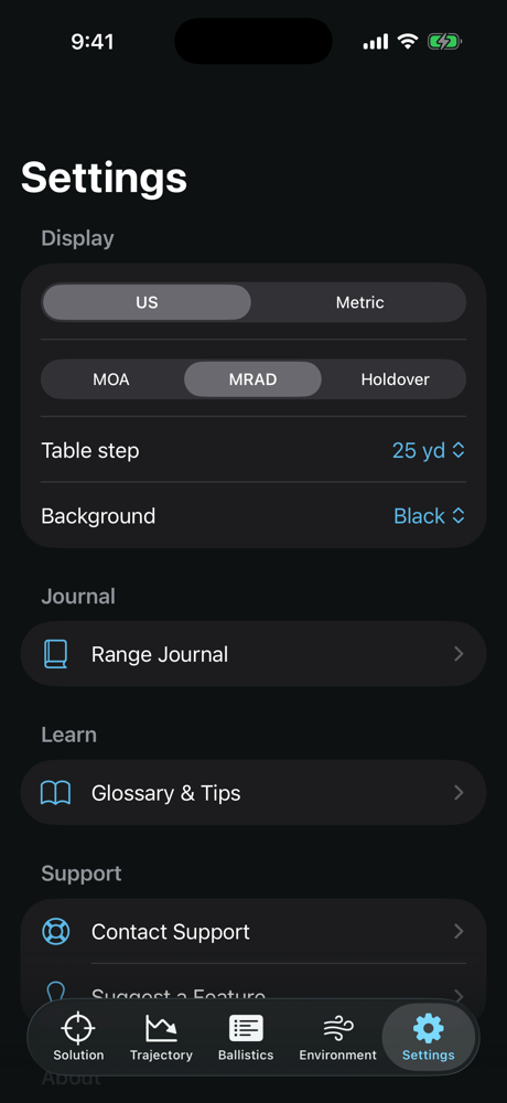 Settings screen: units, table step, background, support