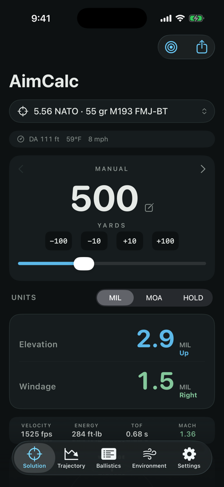 Solution screen: range dial with elevation and windage corrections
