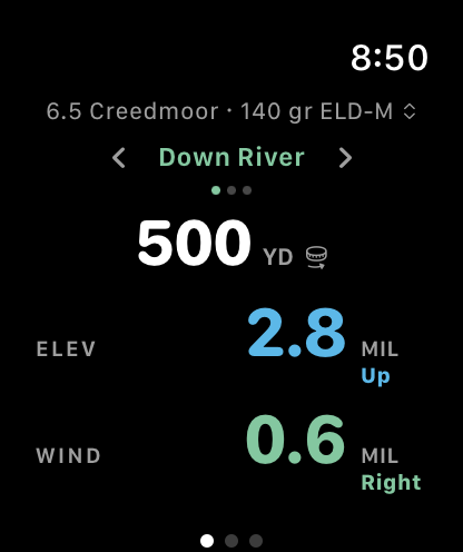 AimCalc on Apple Watch with the Down River target engaged at 500 yards: 2.8 MIL up, 0.6 MIL right